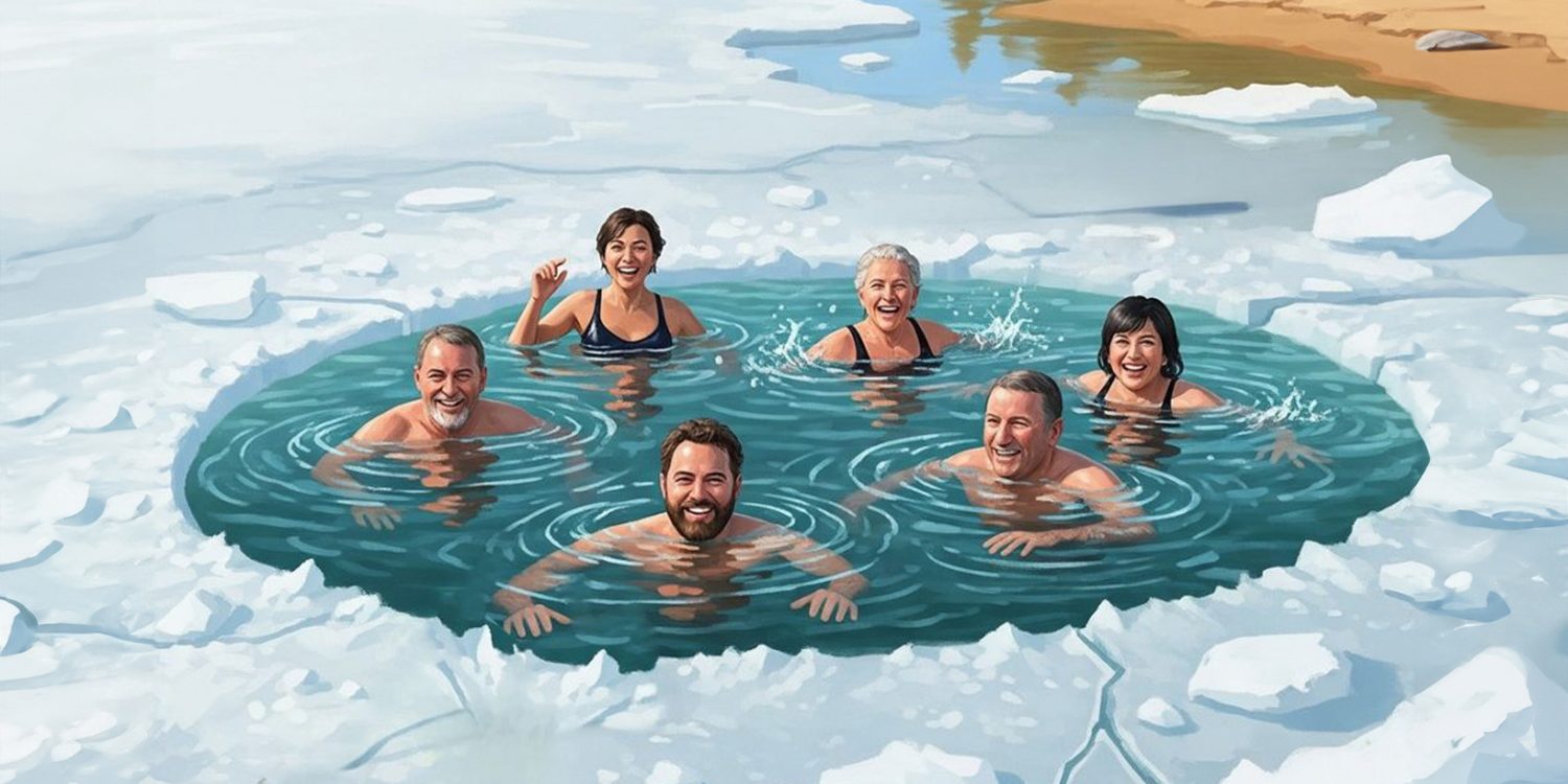 blut.eV Eisnbaden Menschen baden fröhlich in einem Eisloch im See