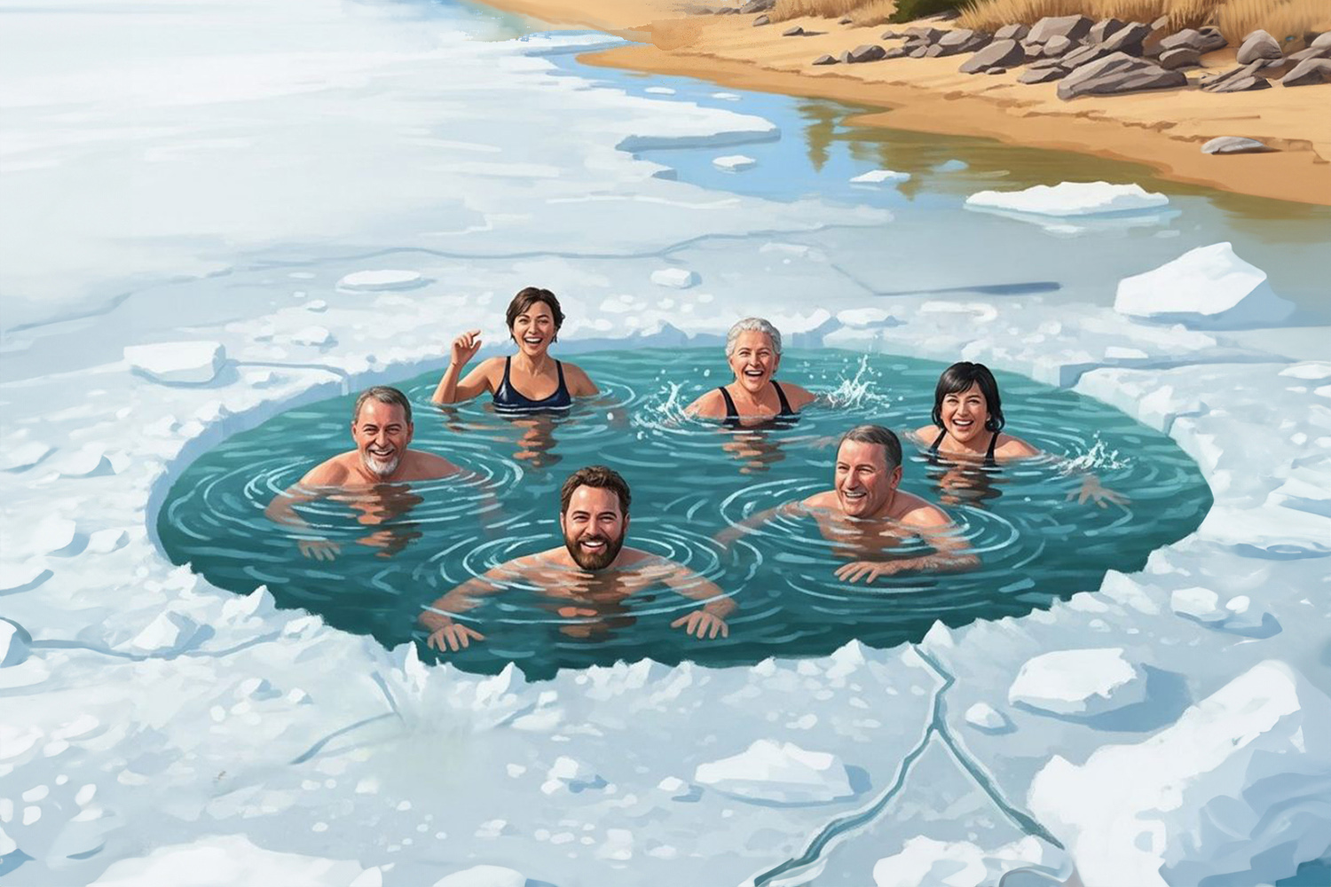 blut.eV Eisnbaden Menschen baden fröhlich in einem Eisloch im See