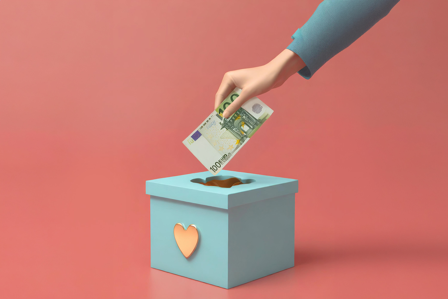 Eine Hand steckt einen 100 Euro Schein in eine Sammelbox